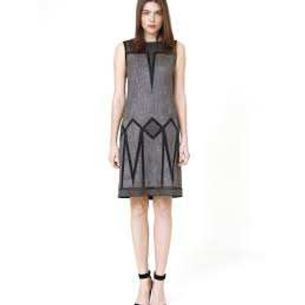 Rena Lange Brown Wool Blend Geometric Art Deco Shift Dress Sz 10 Career Damaged